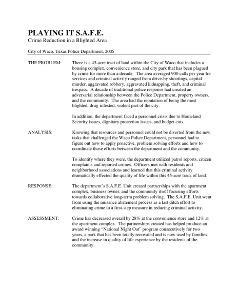 Playing it S.A.F.E.: Crime Reduction in a Blighted Area