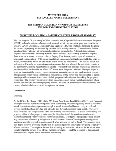 77th Street Narcotic Location Abatement Letter Program