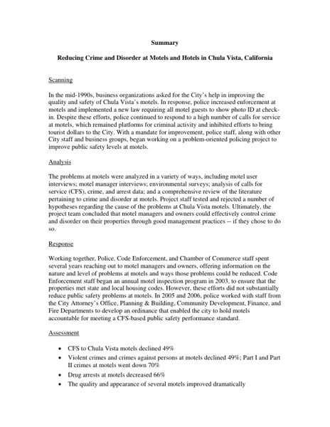 Reducing Crime and Disorder at Motels and Hotels in Chula Vista, California