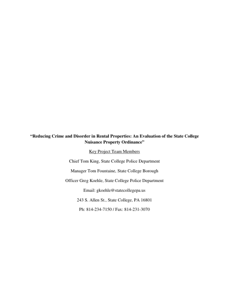 Reducing Crime and Disorder in Rental Properties: An Evaluation of the State College Nuisance Property Ordinance