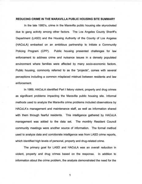 Reducing Crime in the Maravilla Public Housing Site Summary