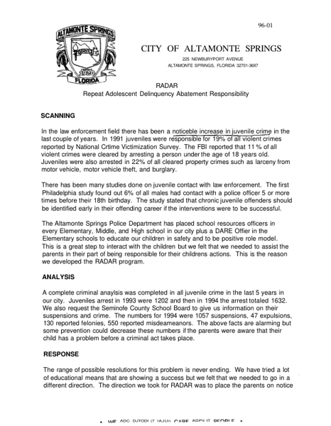 Repeat Adolescent Delinquency Abatement Responsibility project, RADAR