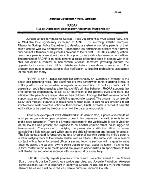 Repeat Adolescent Delinquency Abatement Responsibility project, RADAR